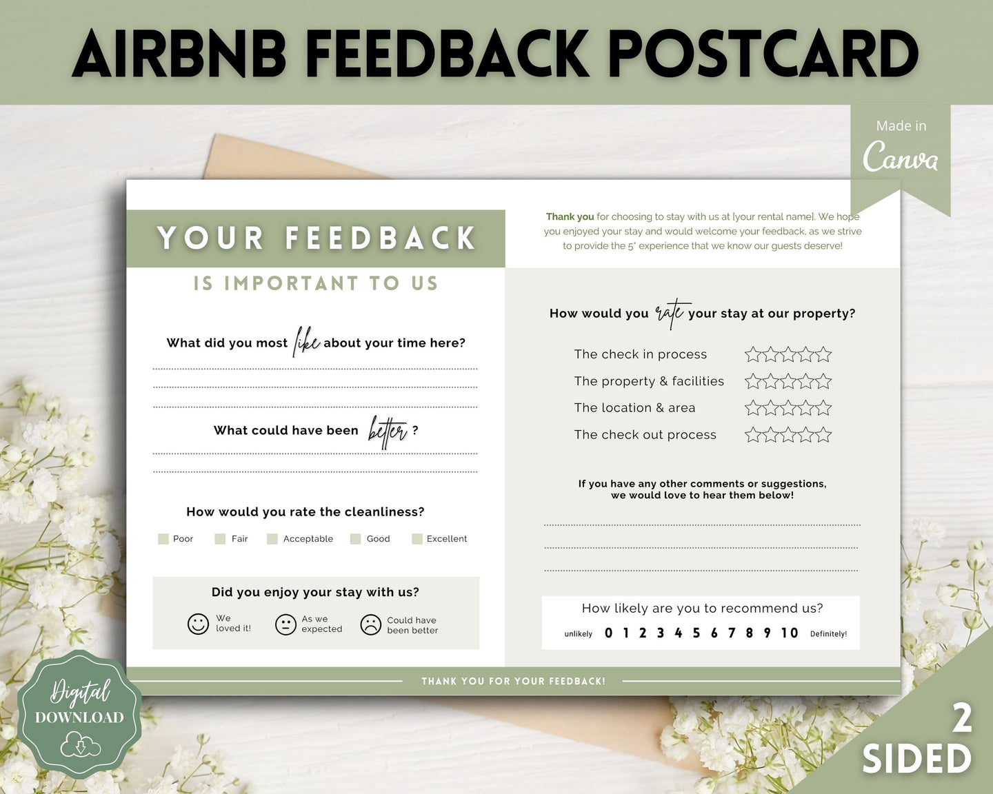Airbnb Feedback Request Postcard, Editable Airbnb Guest Rating & Review Form, Air bnb Welcome Book, Check Out Signs, VRBO Signage, STR Host - Green