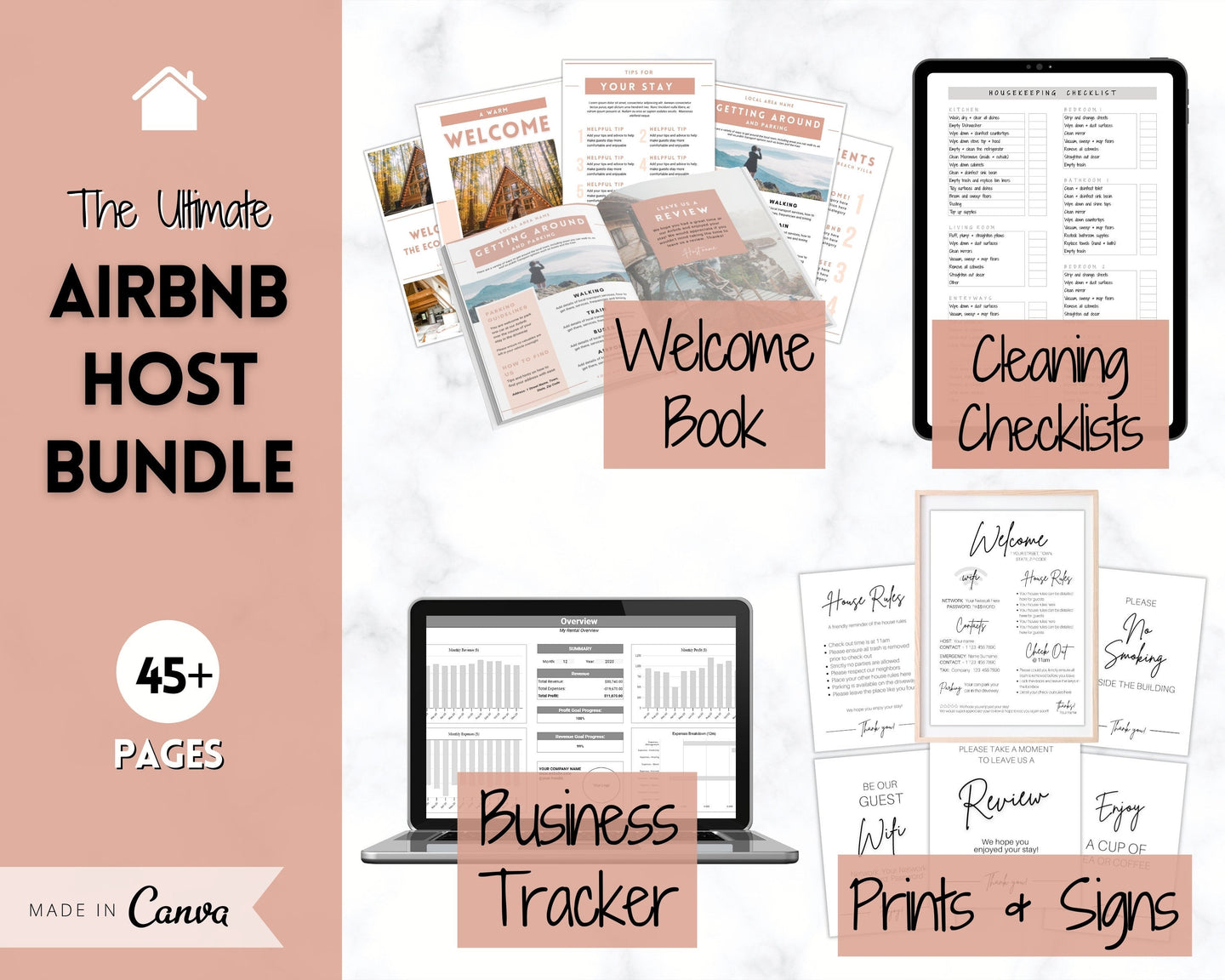 Airbnb Host BUNDLE! Editable Airbnb Signs, Welcome Book Template, Cleaning checklist, Business Tracker Spreadsheet, Air bnb Printables, VRBO | Brown