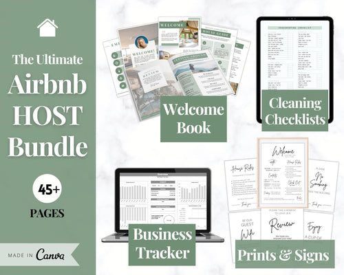 Airbnb Host BUNDLE! Editable Airbnb Signs, Welcome Book Template, Cleaning checklist, Business Tracker Spreadsheet, Air bnb Printables, VRBO | Dark Green