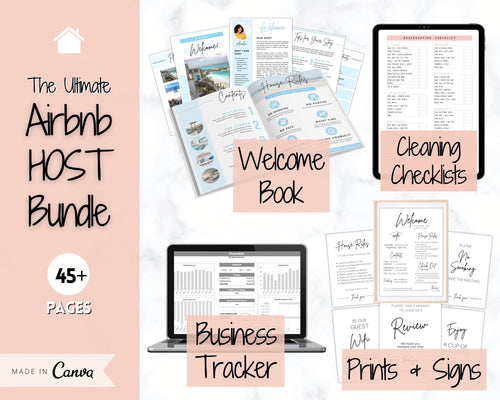 Airbnb Host BUNDLE! Editable Airbnb Signs, Welcome Book Template, Cleaning checklist, Business Tracker Spreadsheet, Air bnb Printables, VRBO | Pink