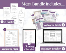 Load image into Gallery viewer, Airbnb Host BUNDLE! Editable Airbnb Signs, Welcome Book Template, Cleaning checklist, Business Tracker Spreadsheet, Air bnb Printables, VRBO | Purple
