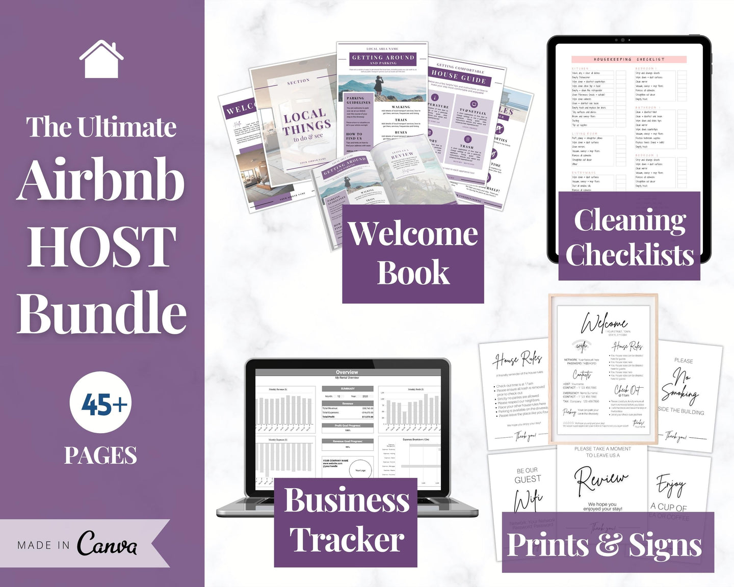 Airbnb Host BUNDLE! Editable Airbnb Signs, Welcome Book Template, Cleaning checklist, Business Tracker Spreadsheet, Air bnb Printables, VRBO | Purple
