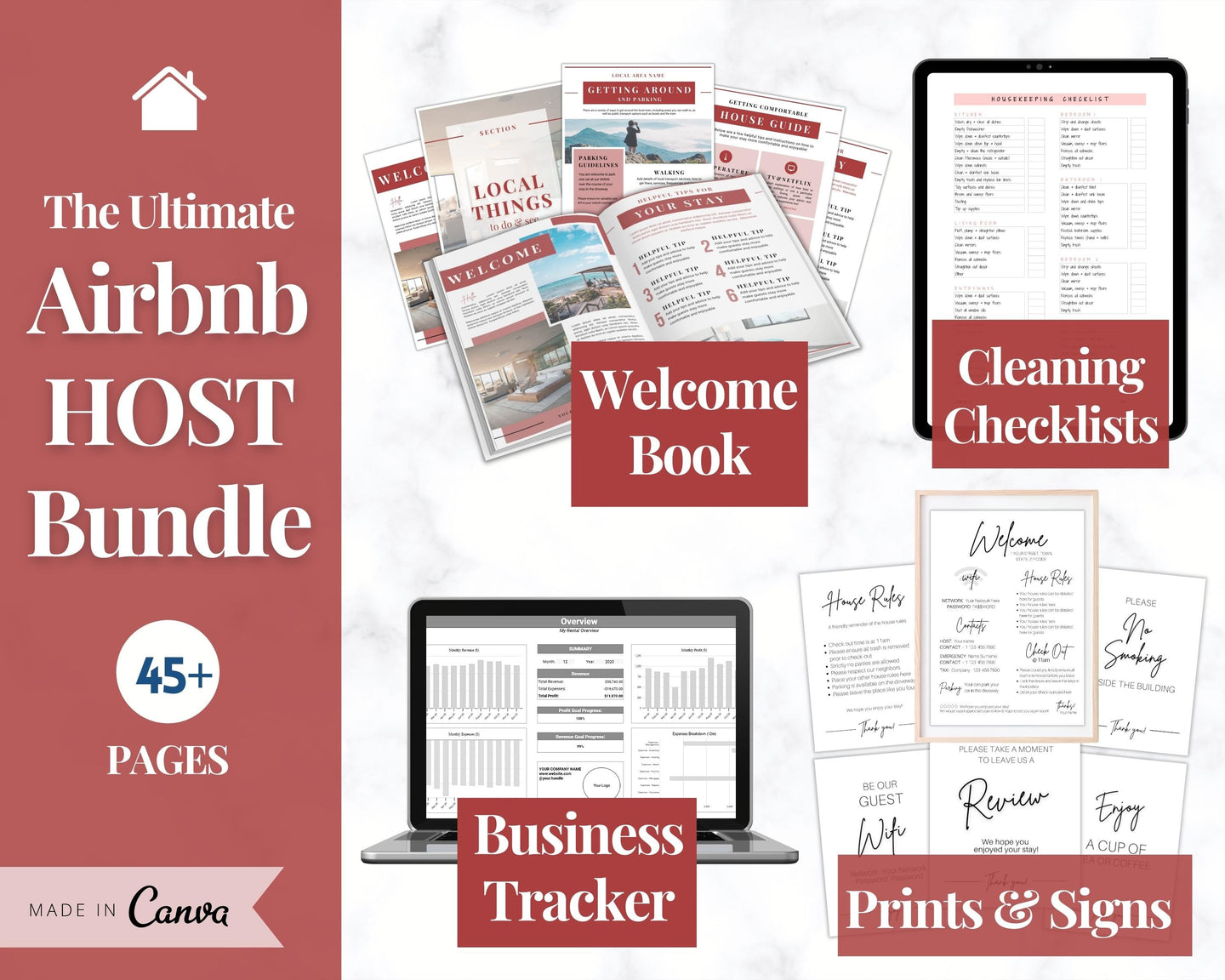 Airbnb Host BUNDLE! Editable Airbnb Signs, Welcome Book Template, Cleaning checklist, Business Tracker Spreadsheet, Air bnb Printables, VRBO | Red