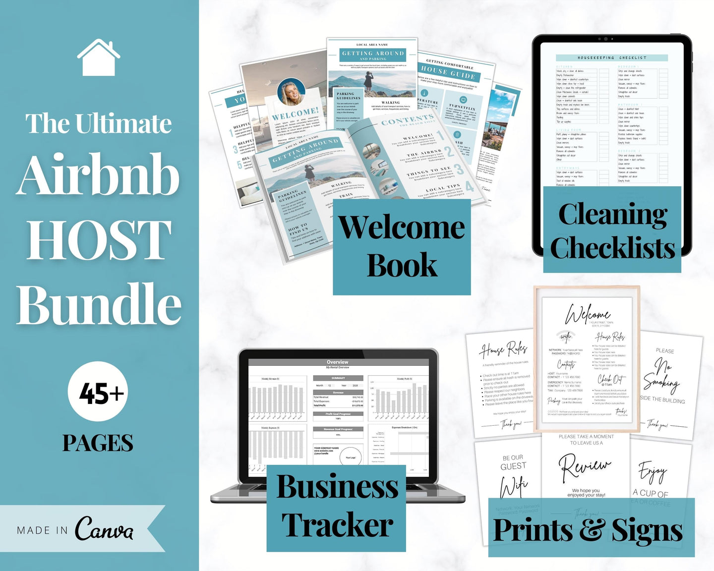 Airbnb Host BUNDLE! Editable Airbnb Signs, Welcome Book Template, Cleaning checklist, Business Tracker Spreadsheet, Air bnb Printables, VRBO | Teal