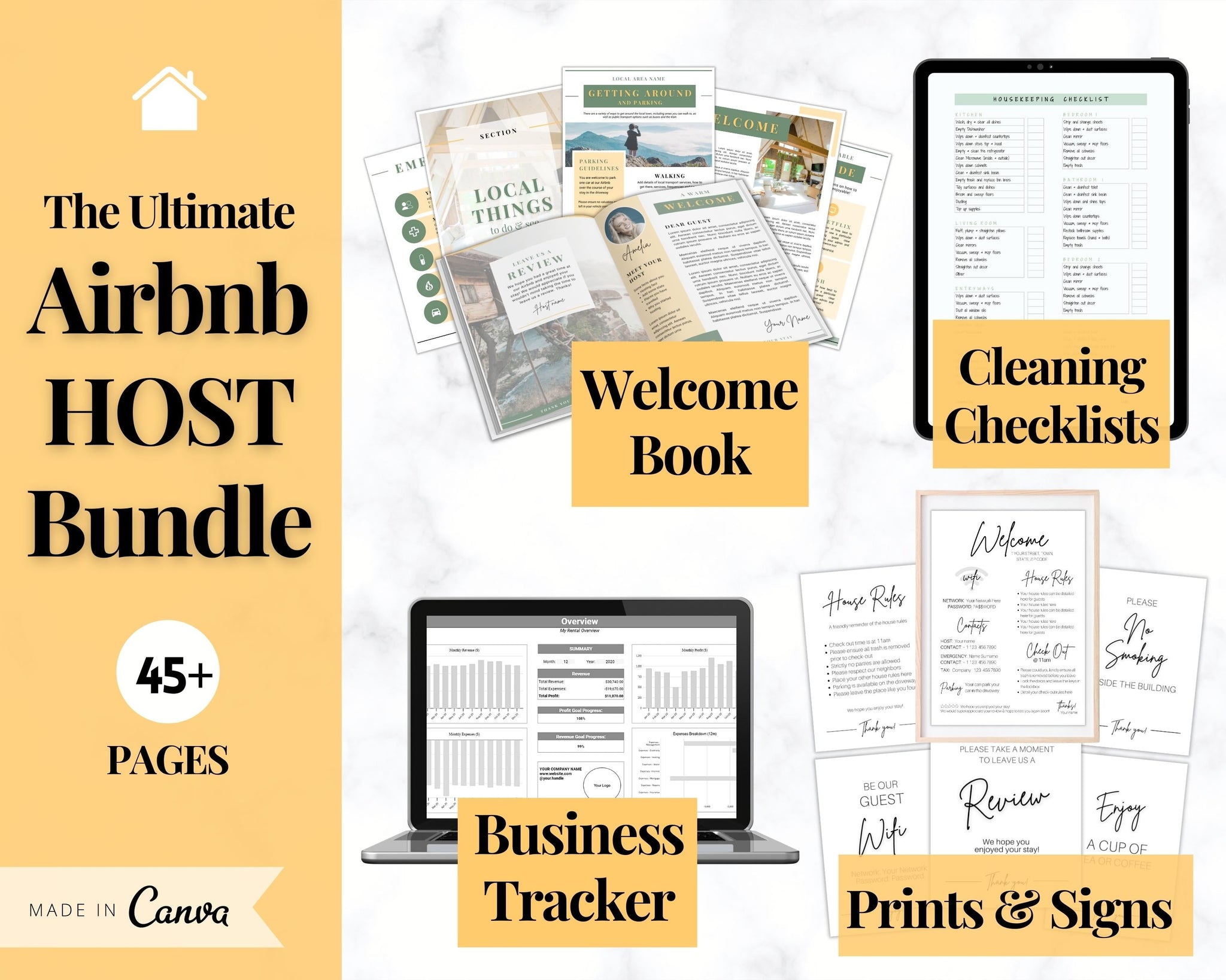 Airbnb Host BUNDLE | Editable Airbnb Signs, Welcome Book Template, Cleaning  checklist, Business Tracker Spreadsheet | Yellow