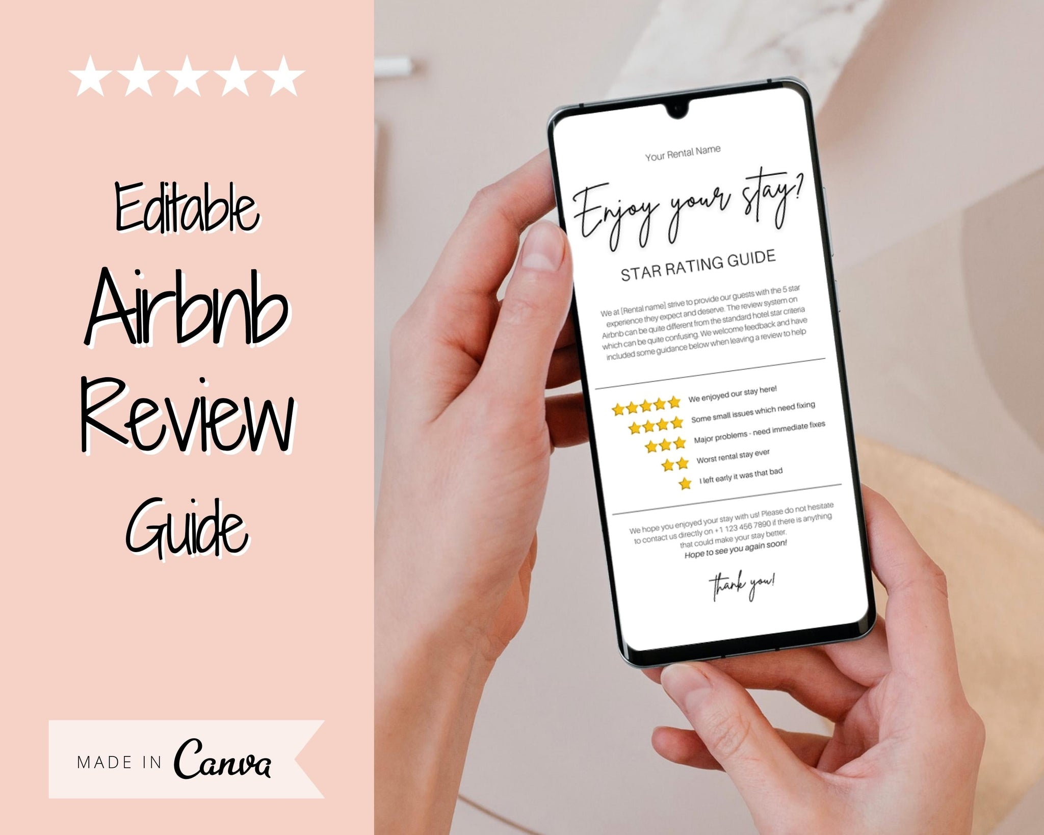 Airbnb RATING Sign, Airbnb Template, 5* Review Airbnb Signage - Phone