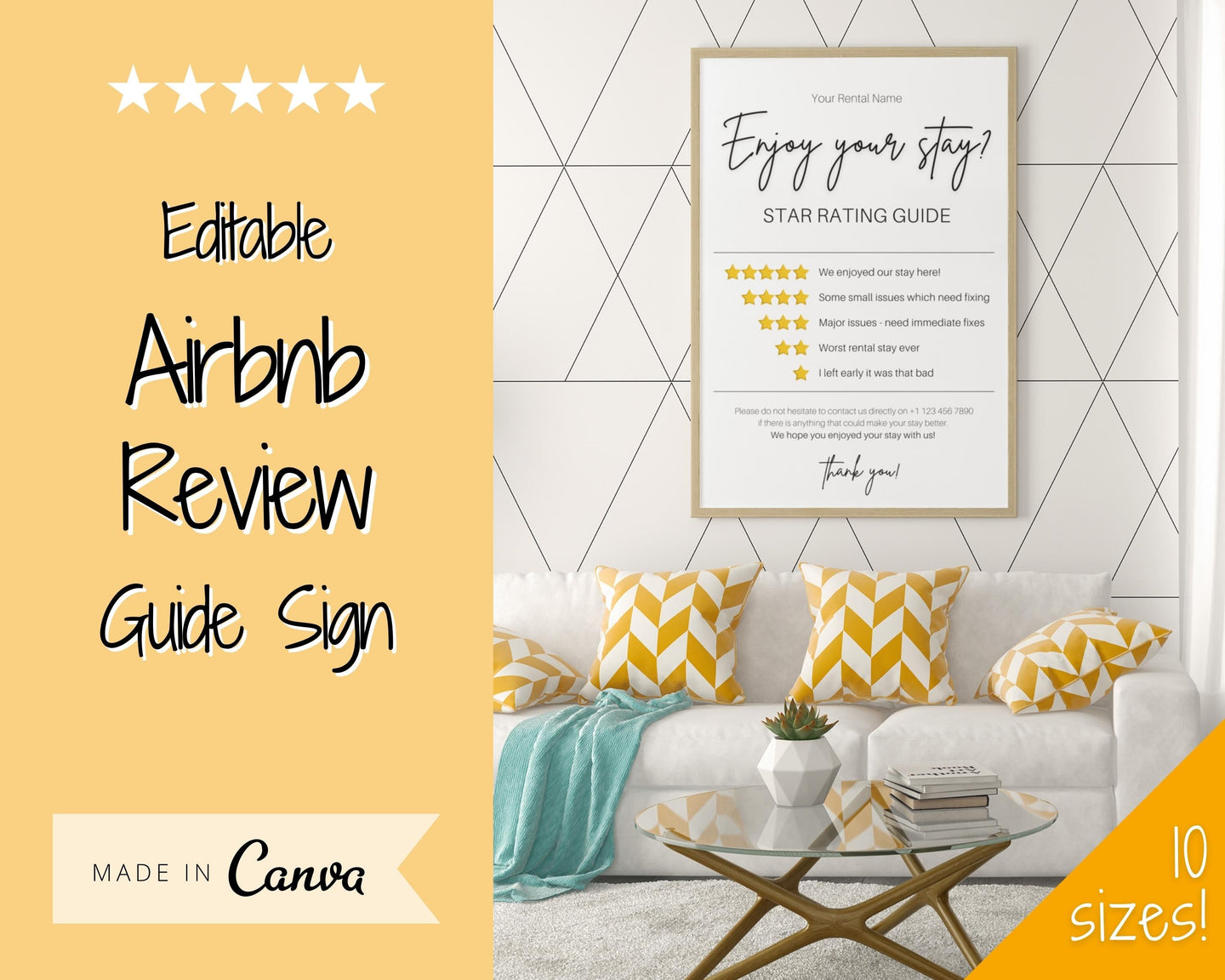 Airbnb RATING Sign, Airbnb Template, 5* Review Airbnb Signage, Check Out, Super Host, Welcome Book, House Rules Checklist, Air bnb, VRBO STR | Yellow