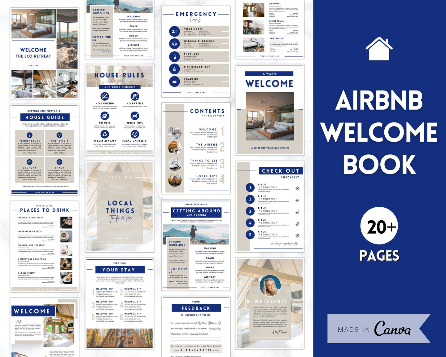 Airbnb Welcome Book Template, Editable Canva Welcome Guide, Air bnb House manual, Superhost eBook, Host signs, Signage, VRBO Vacation Rental | Navy