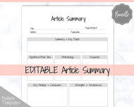 Article Summary Sheet, Student Planner, Student Printable, Research Paper, Dissertation, Journal, Project Planner, Study, College, Essay | Mono