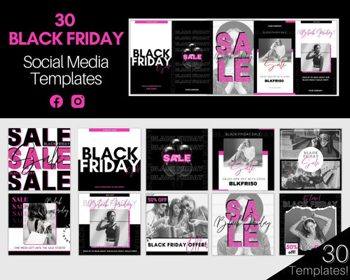 BLACK FRIDAY, Cyber Monday Social Media Templates. 30 Instagram & Facebook Canva Templates. Instagrams + Stories. Facebook Posts. Sales | Pink