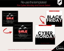 Load image into Gallery viewer, BLACK FRIDAY, Cyber Monday Social Media Templates. 30 Instagram &amp; Facebook Canva Templates. Instagrams + Stories. Facebook Posts. Sales | Red
