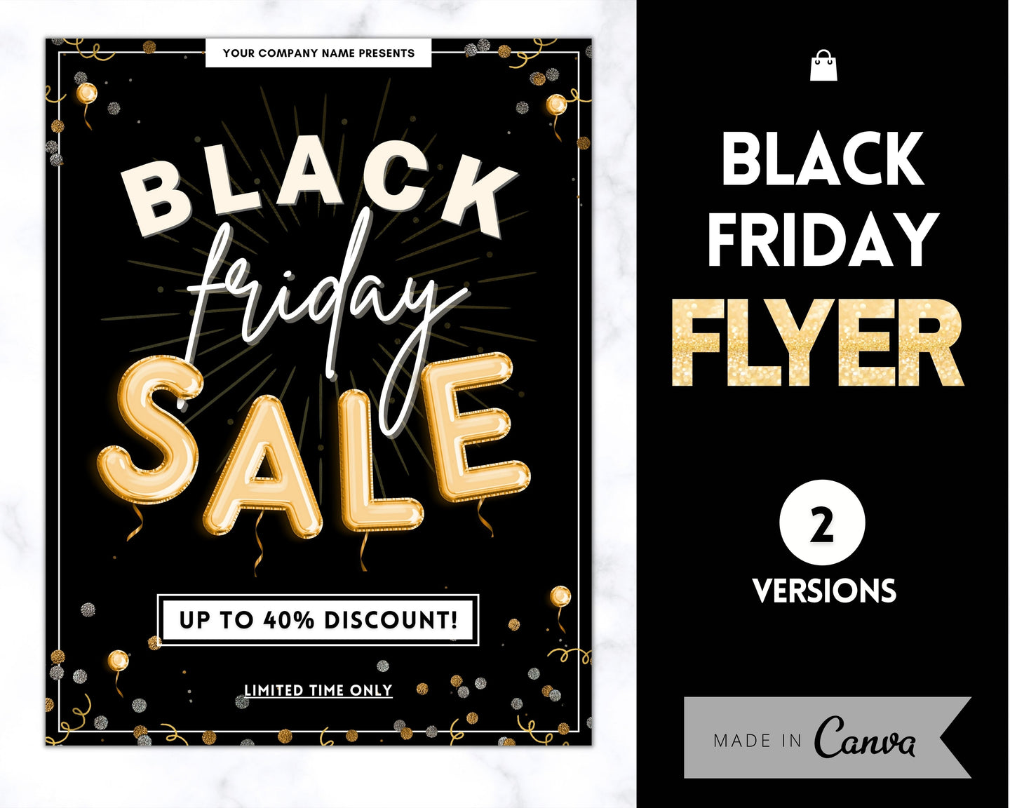 BLACK FRIDAY FLYER Template, Editable Pink Poster, Cyber Monday, Small Business Marketing Branding Template, Christmas Holidays, Flash Sale | Gold