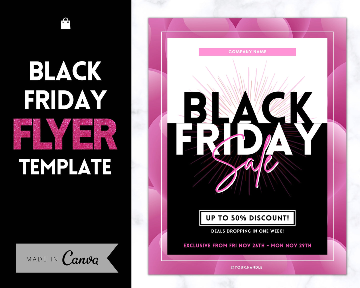 BLACK FRIDAY FLYER Template, Editable Pink Poster, Cyber Monday, Small Business Marketing Branding Template, Christmas Holidays, Flash Sale | Pink