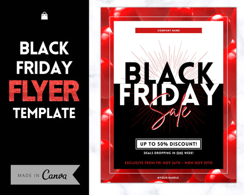 BLACK FRIDAY FLYER Template, Editable Pink Poster, Cyber Monday, Small Business Marketing Branding Template, Christmas Holidays, Flash Sale | Red