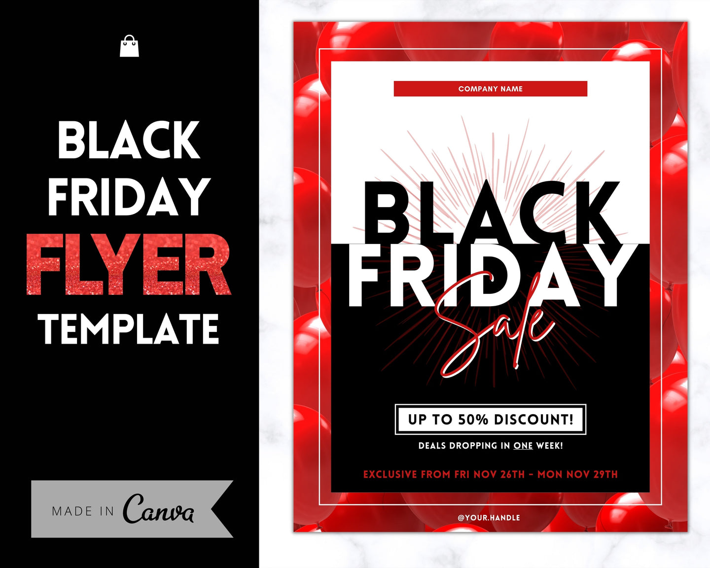 BLACK FRIDAY FLYER Template, Editable Pink Poster, Cyber Monday, Small Business Marketing Branding Template, Christmas Holidays, Flash Sale | Red