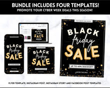 Load image into Gallery viewer, BLACK FRIDAY Sale, Social Media Marketing BUNDLE | Flyer Template, Instagram Post &amp; Story, Facebook, Editable Business Branding, Cyber Monday | Gold
