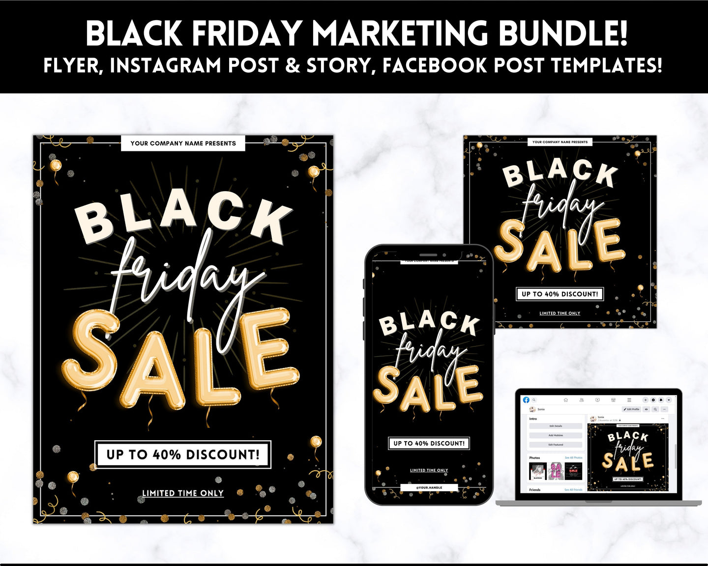 BLACK FRIDAY Sale, Social Media Marketing BUNDLE | Flyer Template, Instagram Post & Story, Facebook, Editable Business Branding, Cyber Monday | Gold