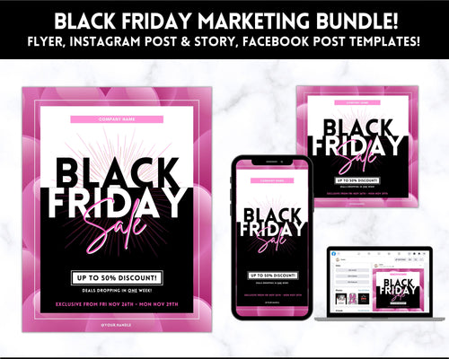 BLACK FRIDAY Sale, Social Media Marketing BUNDLE | Flyer Template, Instagram Post & Story, Facebook, Editable Business Branding, Cyber Monday | Pink