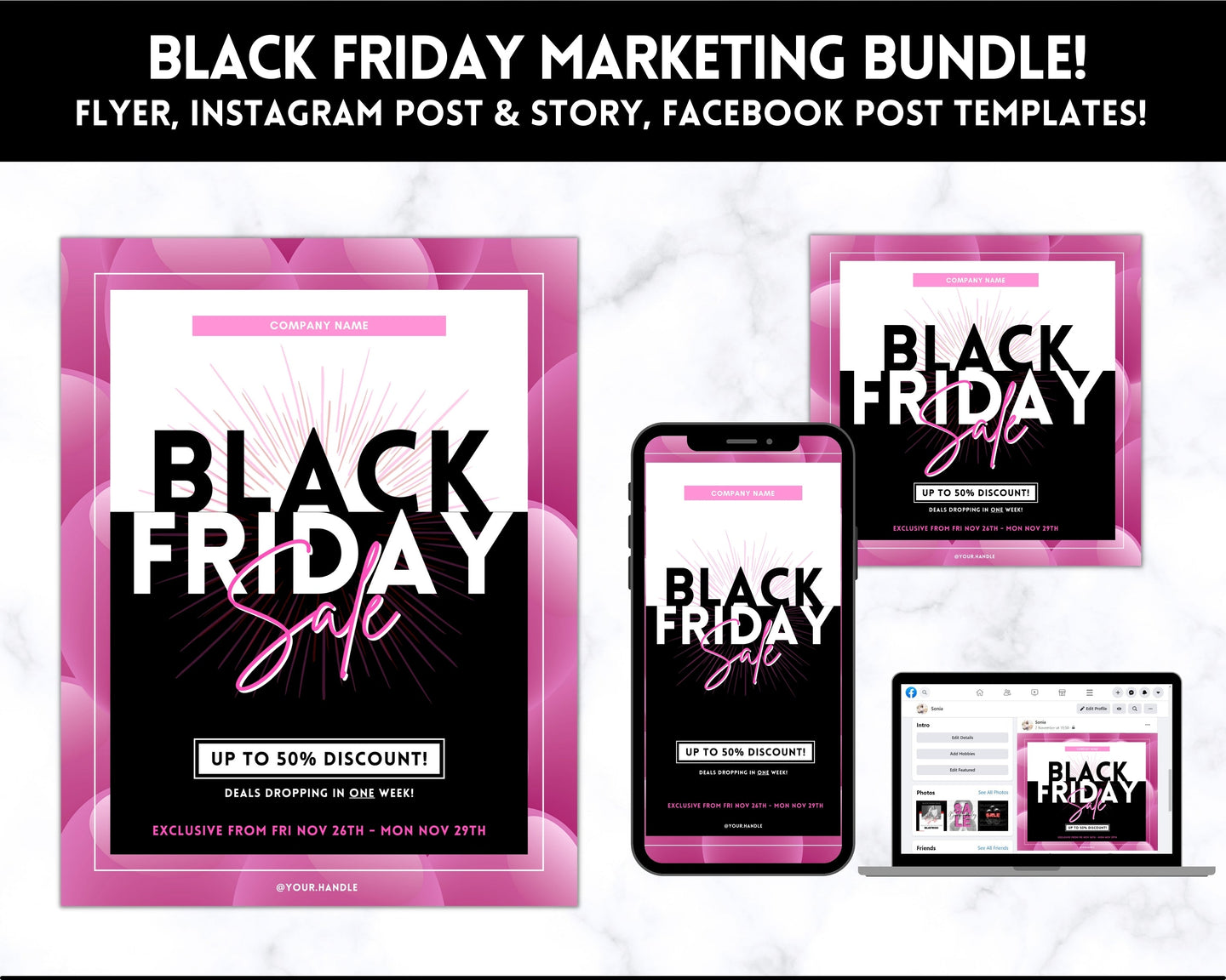 BLACK FRIDAY Sale, Social Media Marketing BUNDLE | Flyer Template, Instagram Post & Story, Facebook, Editable Business Branding, Cyber Monday | Pink
