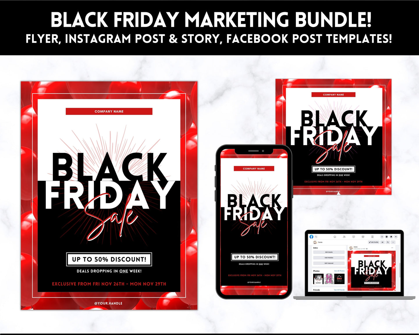 BLACK FRIDAY Sale, Social Media Marketing BUNDLE | Flyer Template, Instagram Post & Story, Facebook, Editable Business Branding, Cyber Monday | Red