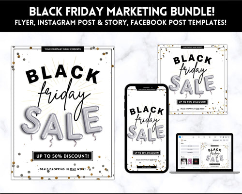 BLACK FRIDAY Sale, Social Media Marketing BUNDLE | Flyer Template, Instagram Post & Story, Facebook, Editable Business Branding, Cyber Monday | Silver