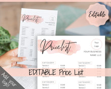 Load image into Gallery viewer, Beauty PRICE LIST Template Editable. Printable Price Sheet, Price Guide, Salon, Beautician, Make up, Pink Watercolor, Custom Menu, Pricing | Style 14
