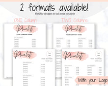 Load image into Gallery viewer, Beauty PRICE LIST Template Editable. Printable Price Sheet, Price Guide, Salon, Beautician, Make up, Pink Watercolor, Custom Menu, Pricing | Style 14
