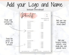 Load image into Gallery viewer, Beauty PRICE LIST Template Editable. Printable Price Sheet, Price Guide, Salon, Beautician, Make up, Pink Watercolor, Custom Menu, Pricing | Style 14
