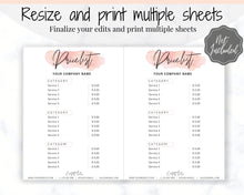 Load image into Gallery viewer, Beauty PRICE LIST Template Editable. Printable Price Sheet, Price Guide, Salon, Beautician, Make up, Pink Watercolor, Custom Menu, Pricing | Style 14
