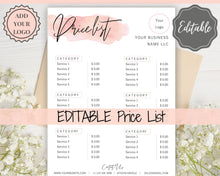 Load image into Gallery viewer, Beauty PRICE LIST Template Editable. Printable Price Sheet, Price Guide, Salon, Beautician, Make up, Pink Watercolor, Custom Menu, Pricing | Style 14
