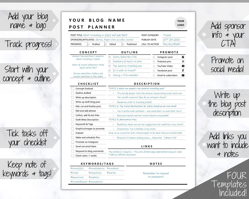 Weekly Blog Post Planner Examples Blog Post Planner Templates | Editable Bundles for Bloggers & Creators