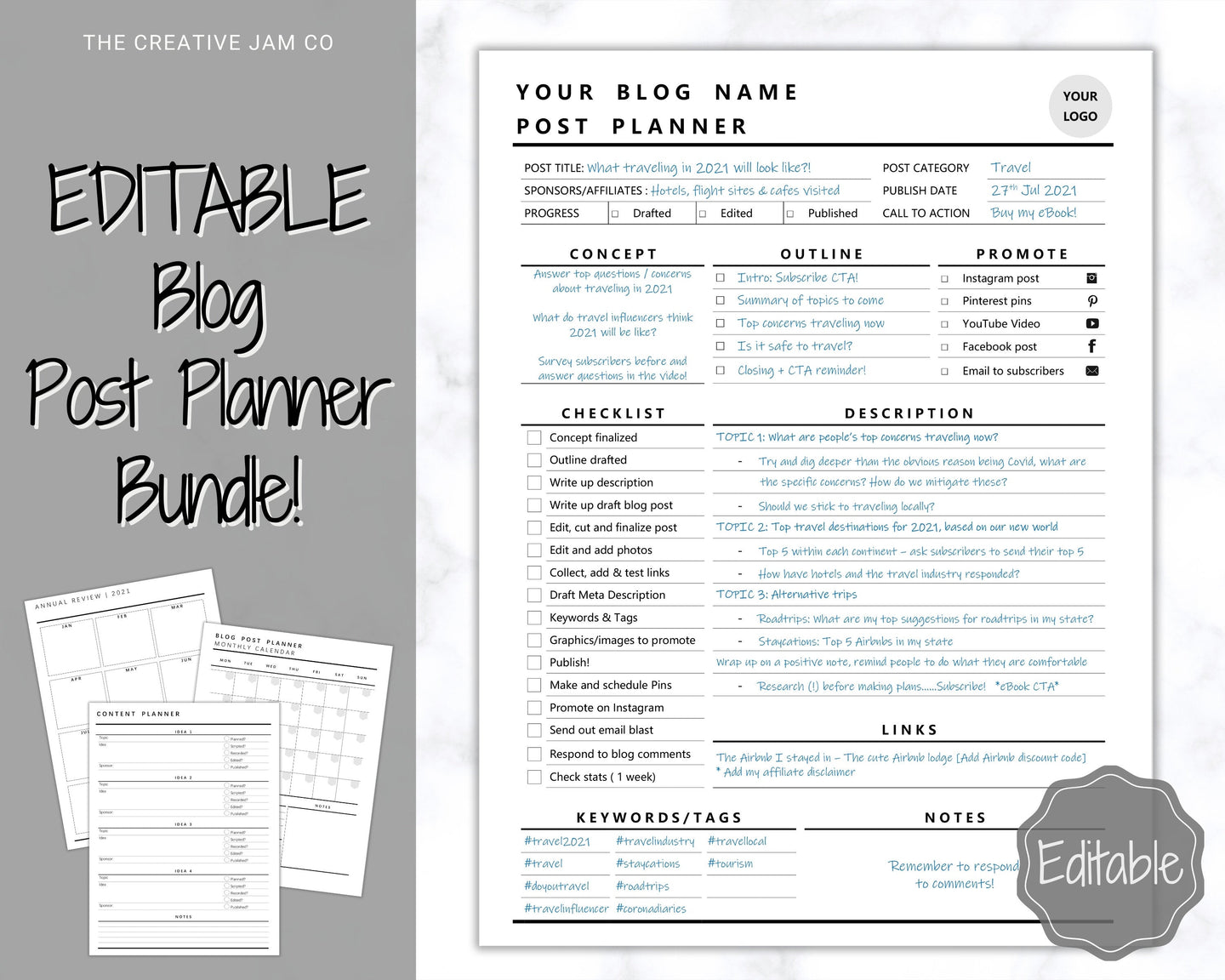 Blog Post Planner Templates! EDITABLE Blogger Bundle! Blog Planner, Content Strategy, Blogging Kit, Content Creator, Social Media