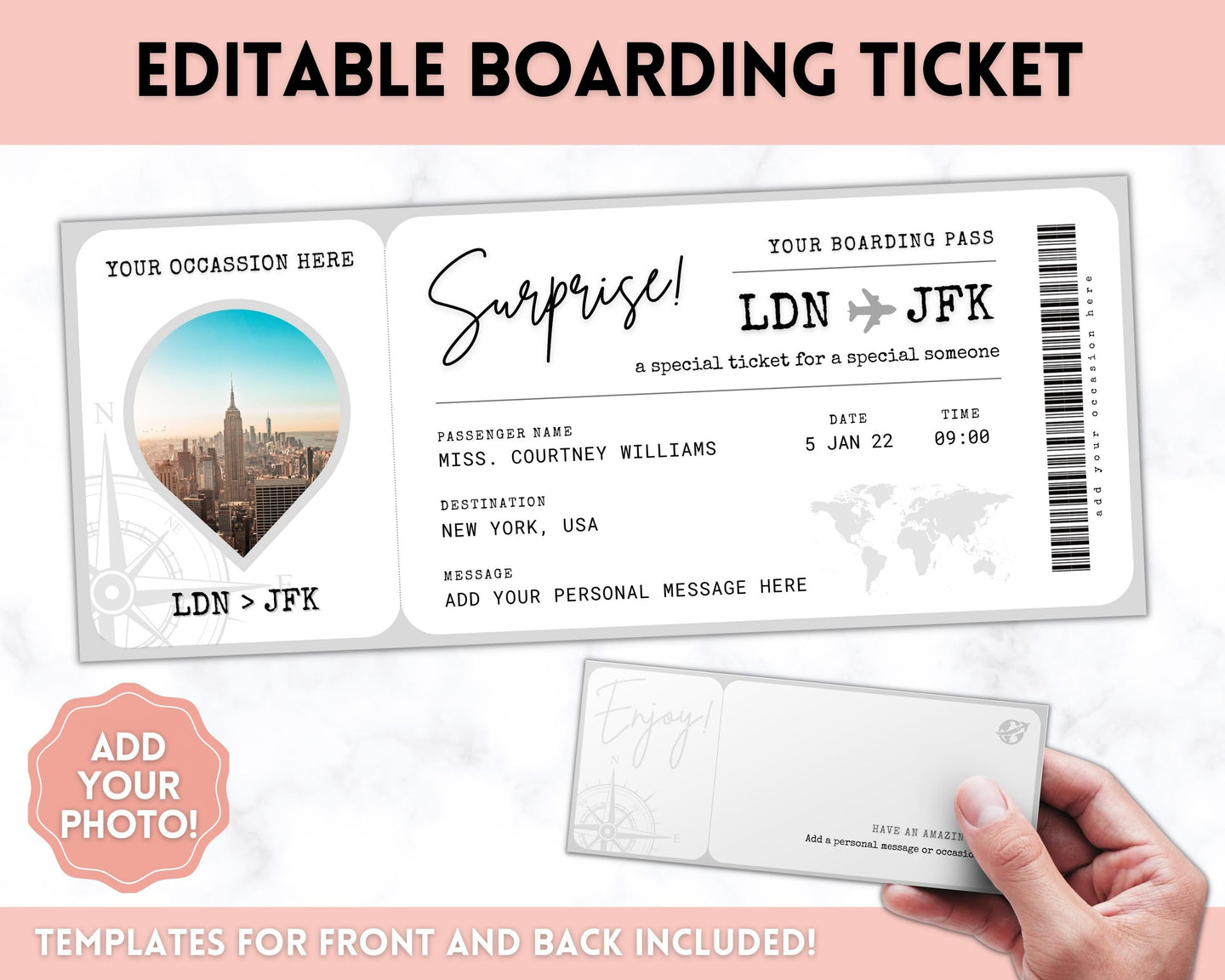 Boarding Pass Template, EDITABLE Boarding Ticket, Surprise Vacation, Plane Ticket, Airline, Trip, Flight Gift, Holiday Destination, Fake,