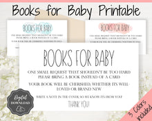 Load image into Gallery viewer, Books for Baby Card, Printable Book Request Card, Book Request Baby Shower, Baby Shower Ideas, Bring a Book Insert, Games, Favors, Pink Blue
