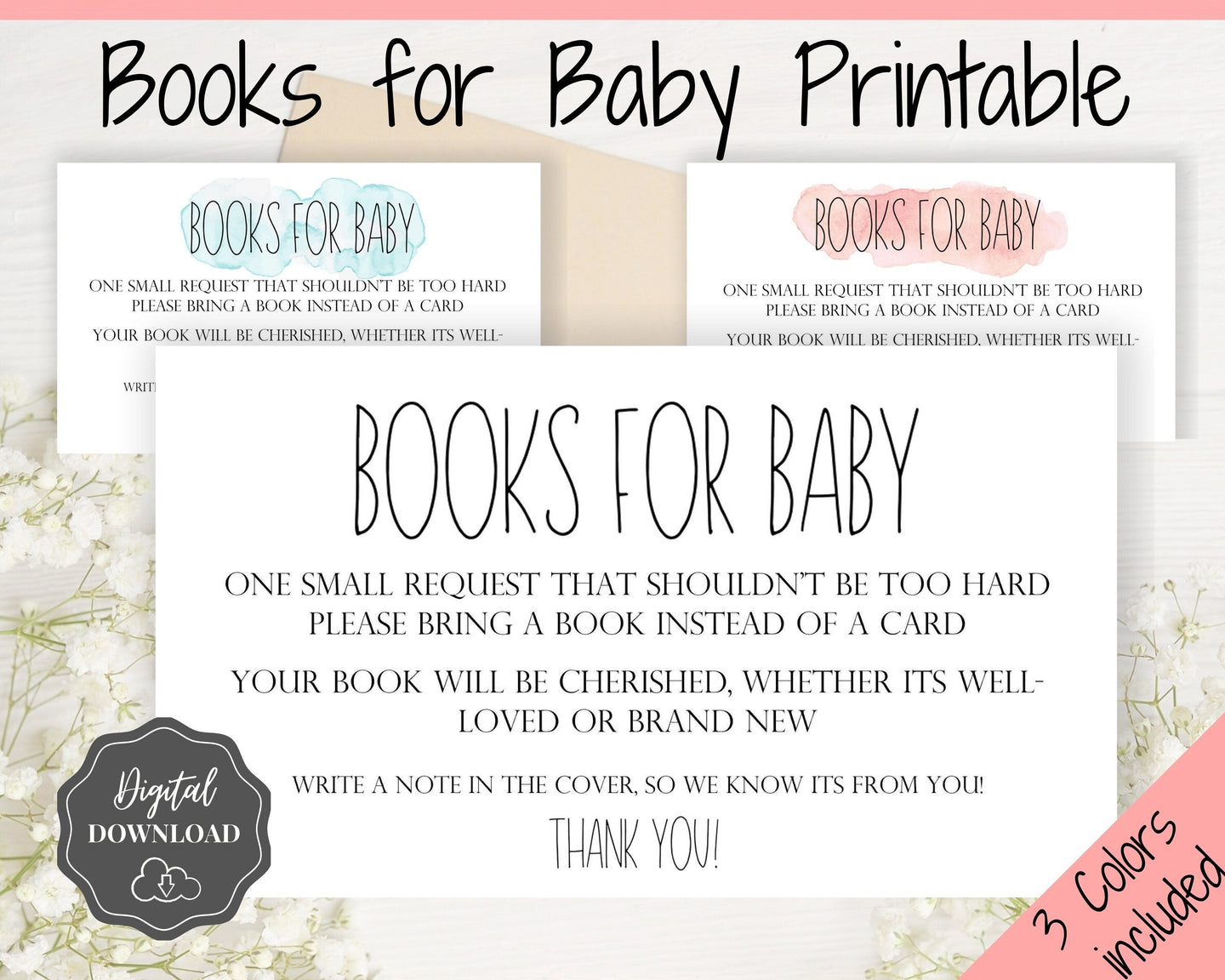 Books for Baby Card, Printable Book Request Card, Book Request Baby Shower, Baby Shower Ideas, Bring a Book Insert, Games, Favors, Pink Blue