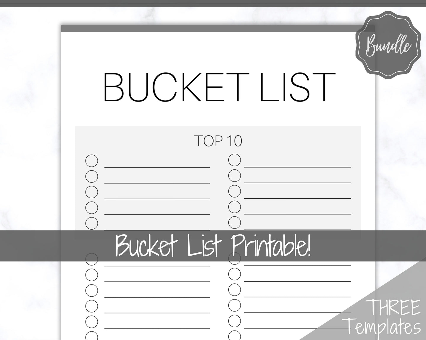 Bucket List Printable! 3 Templates Included! Top 100 things to do, Wish List Tracker, Holiday, Travel, New Year, Goal Planner, To Do List | Mono