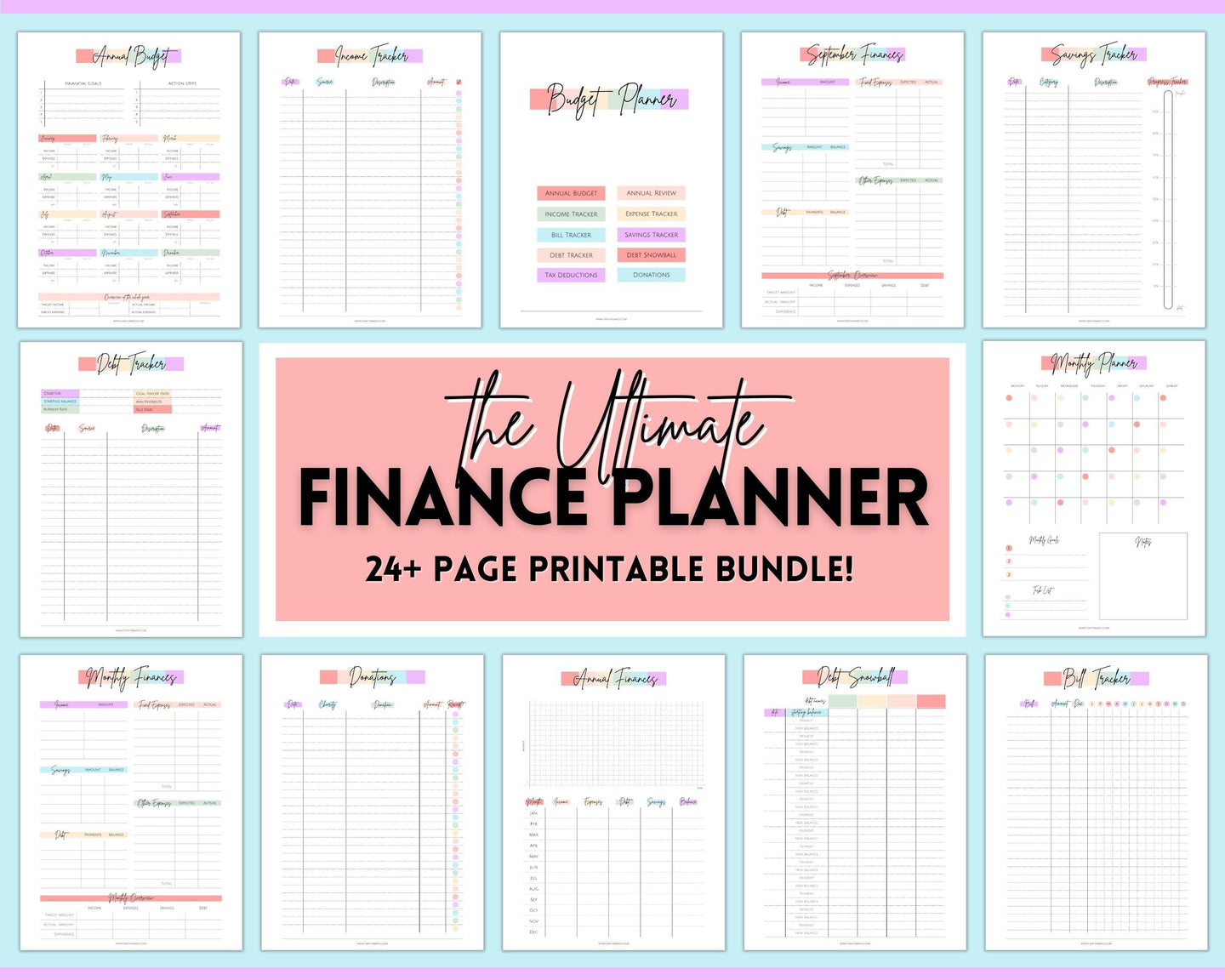 Budget Planner BUNDLE! Finance Planner Templates, Financial Savings Tracker Printable Binder, Monthly Debt, Bill, Spending, Expenses Tracker | Pastel Rainbow