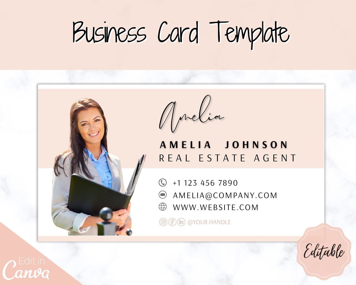 Business Card Template. DIY add logo & photo! Editable Canva Design. Minimalist, Modern, Realtor Marketing, Real Estate, Realty Professional | Pink Style 1