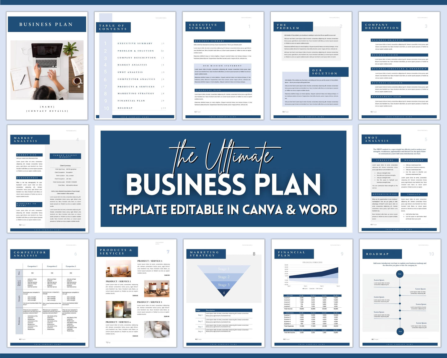 Business Plan Template, Small Business Planner Proposal, Start Up Workbook, Business Plan Analysis, Canva, Word, Side Hustle, EDITABLE Plan - NAVY