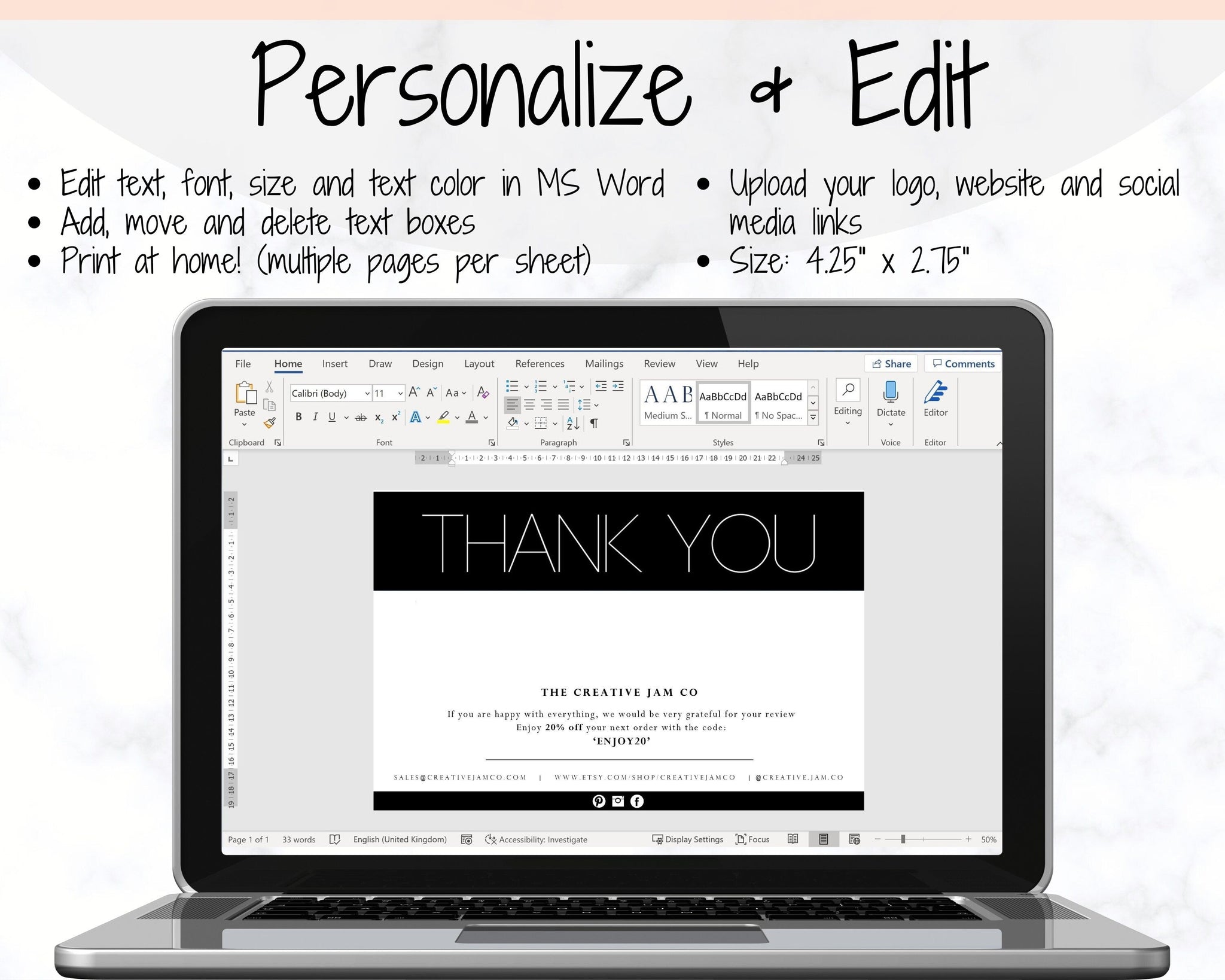 Business Thank You For Your Order Insert Card Template | Modern Bundle