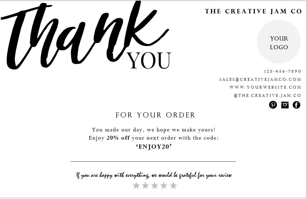 Business Thank You For Your Order Insert Card Template | Black & White