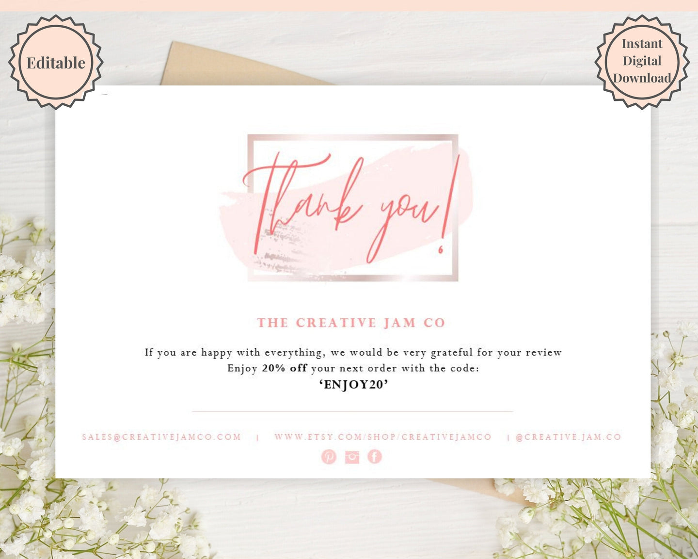 Business Thank You For Your Order Insert Card Template. EDITABLE Parcel Insert, Etsy Order, Small Online Business Purchase | Pink Watercolor Style 1