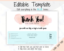 Load image into Gallery viewer, Business Thank You For Your Order Insert Card Template. EDITABLE Parcel Insert, Etsy Order, Small Online Business Purchase | Pink Watercolor Style 2
