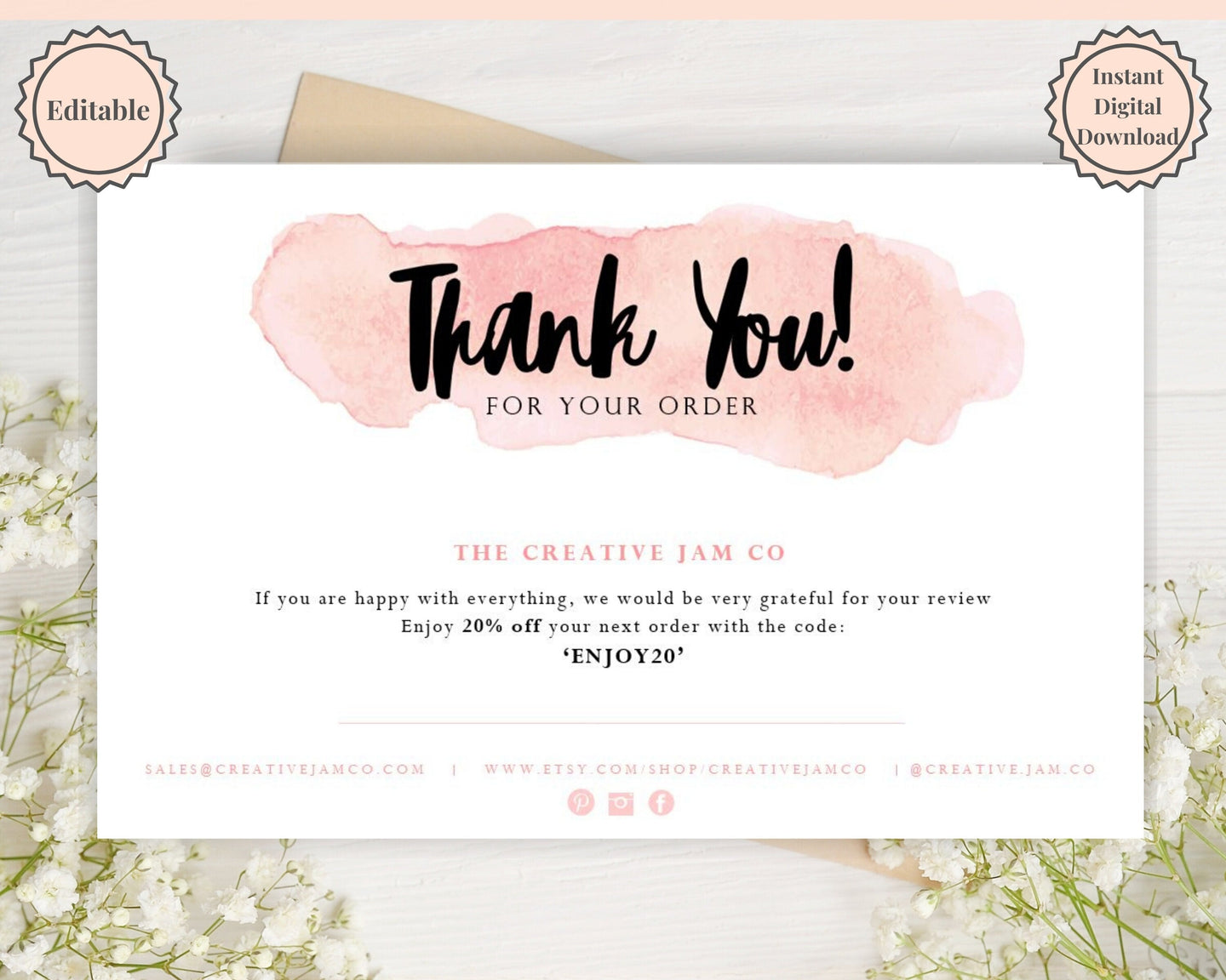 Business Thank You For Your Order Insert Card Template. EDITABLE Parcel Insert, Etsy Order, Small Online Business Purchase | Pink Watercolor Style 2