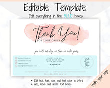 Load image into Gallery viewer, Business Thank You For Your Order Insert Card Template. EDITABLE Parcel Insert, Etsy Order, Small Online Business Purchase | Pink Watercolor Style 3
