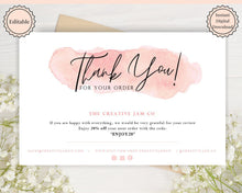 Load image into Gallery viewer, Business Thank You For Your Order Insert Card Template. EDITABLE Parcel Insert, Etsy Order, Small Online Business Purchase | Pink Watercolor Style 3
