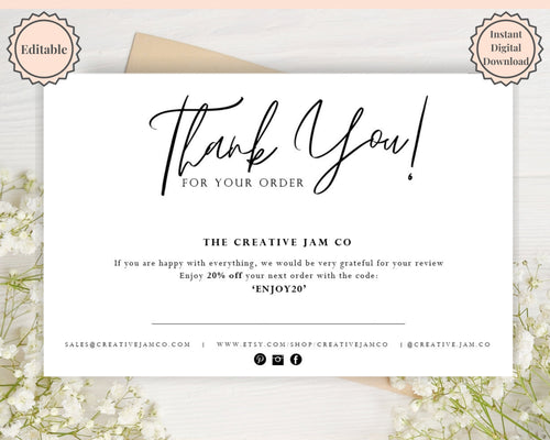 Business Thank You For Your Order Insert Card Template. EDITABLE Parcel Insert, Etsy Order, Small Online Business, Thank you, your Purchase | Black Scrawl