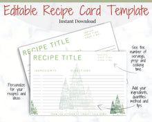 Load image into Gallery viewer, CHRISTMAS Recipe Card template, EDITABLE Recipe Template, Recipe Cards Printable, 4x6, Insert, Minimal, Sheet, Recipe Box, Xmas, Book | Green
