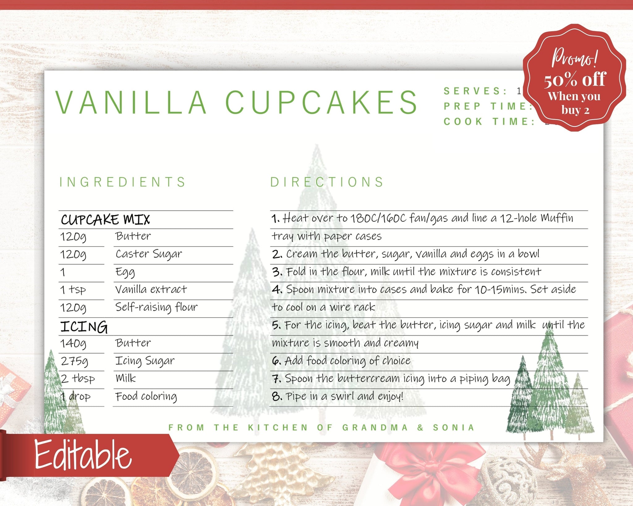 Editable Christmas Recipe Card template Printable | Green, image size:2048x1638