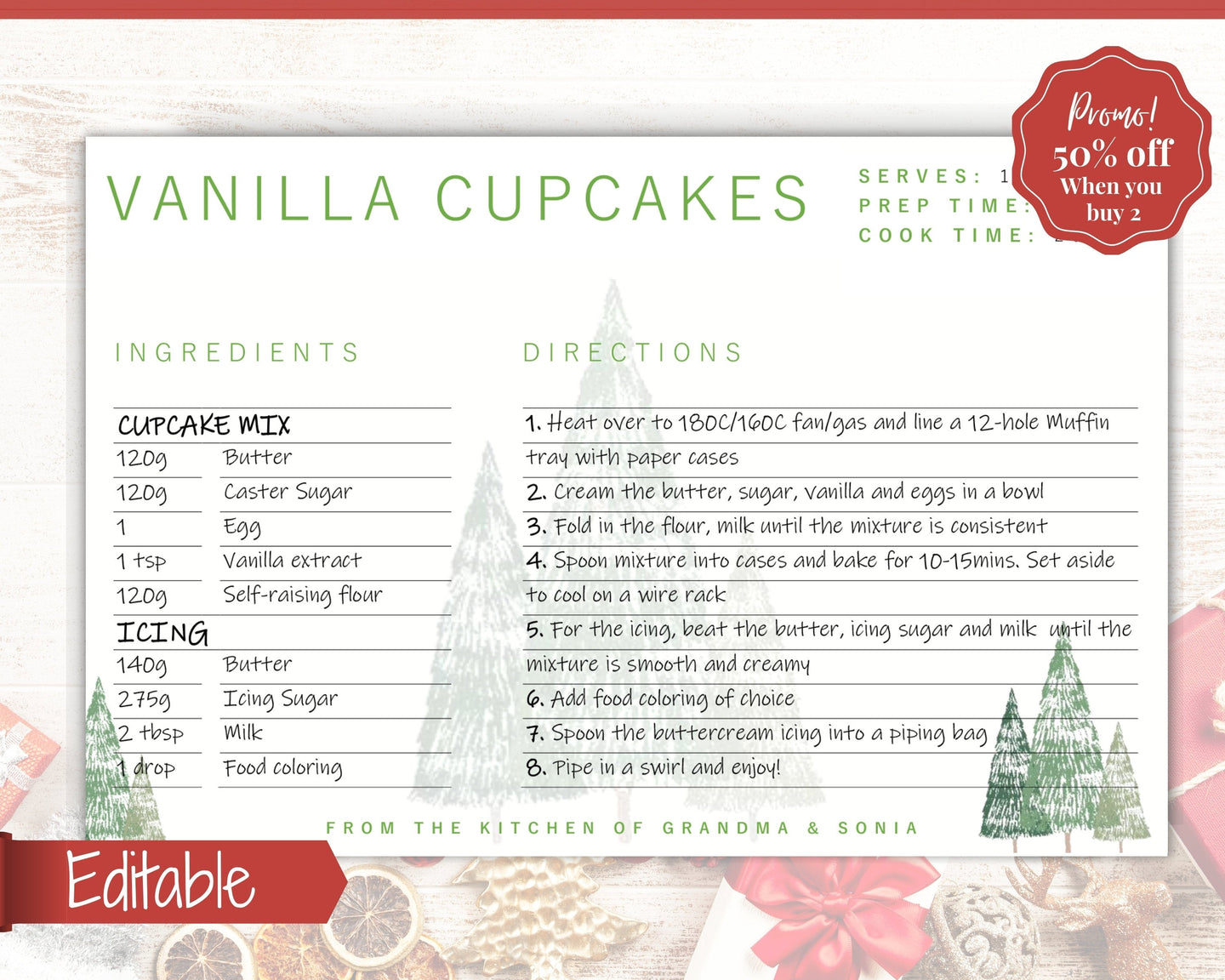 CHRISTMAS Recipe Card template, EDITABLE Recipe Template, Recipe Cards Printable, 4x6, Insert, Minimal, Sheet, Recipe Box, Xmas, Book | Green